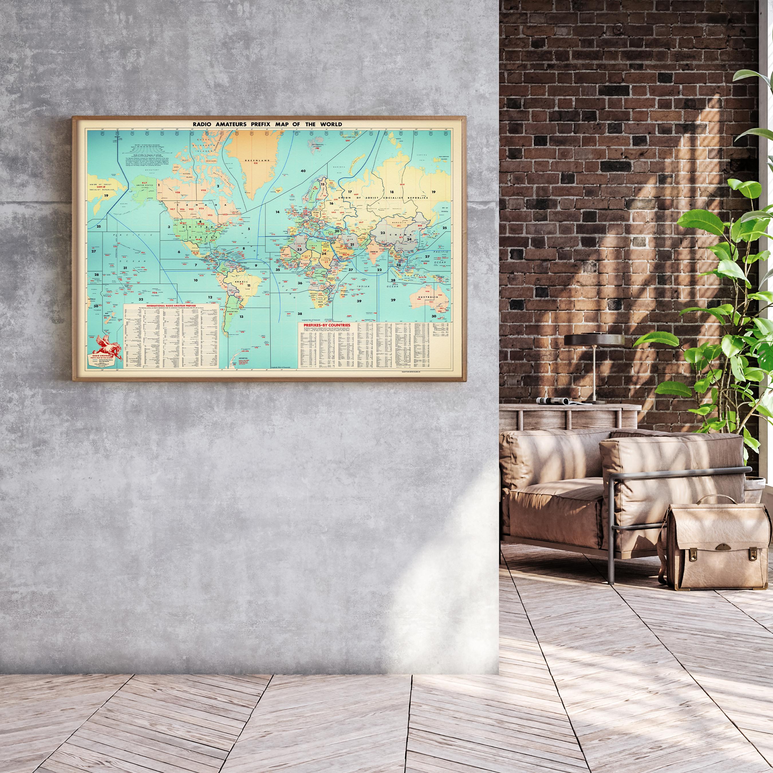 Vintage Ham Radio Prefix World Map, 1950s Poster, Amateur Radio