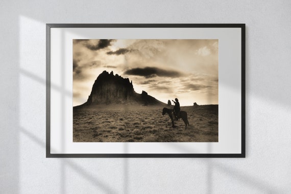 Shiprock New Mexico Vintage Sepia Photo, Cowboy on Horseback Art Print, Western Landscape Photography