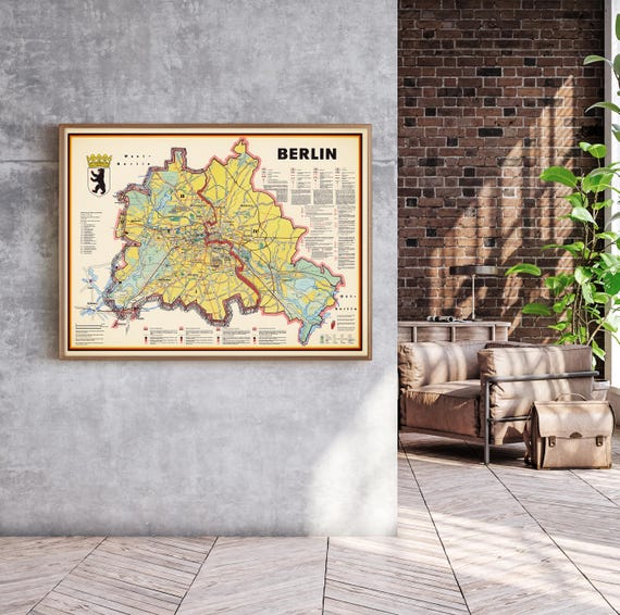 Vintage Berlin Wall Map, 1960s Cold War Era Poster, Mid Century