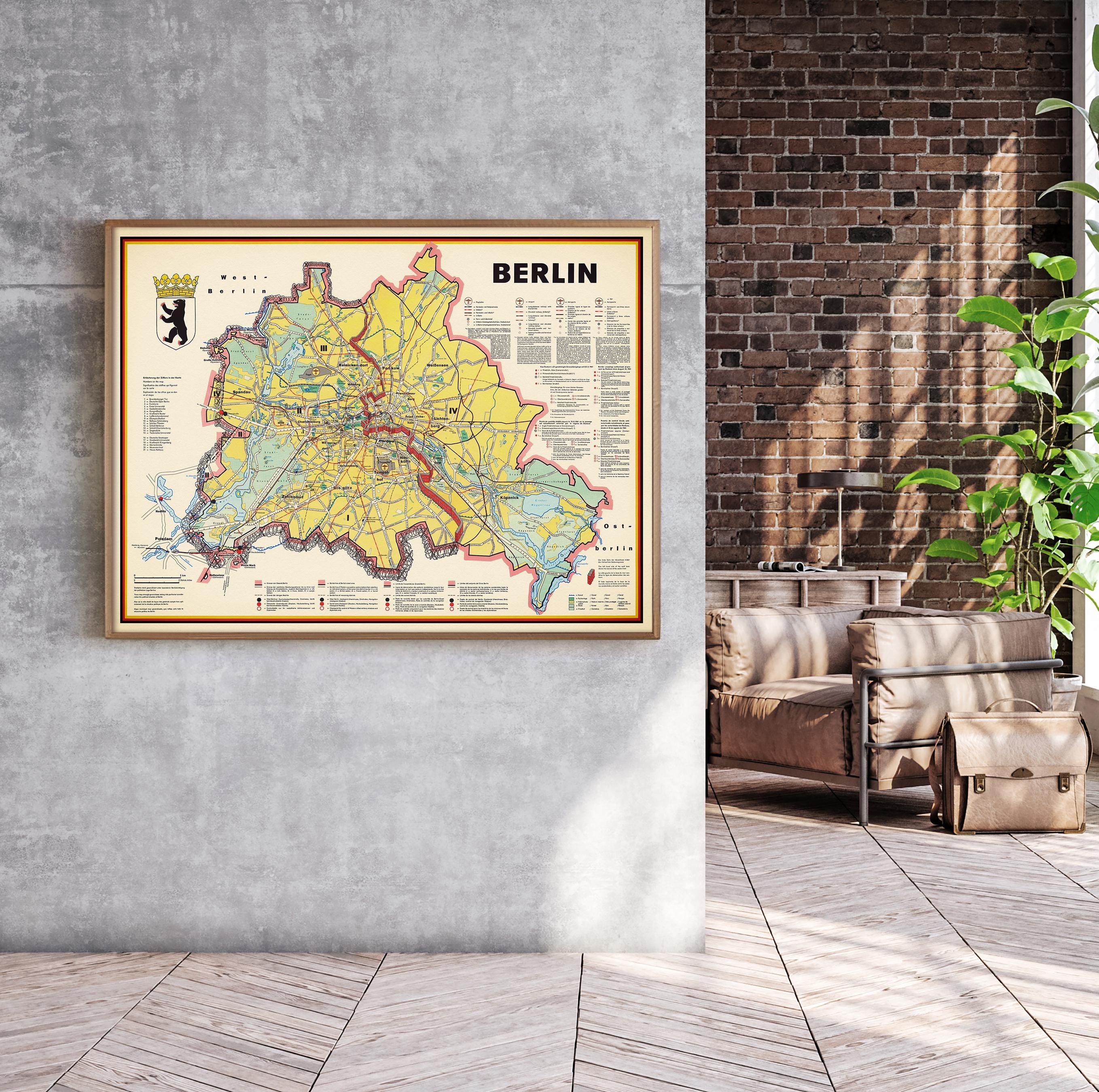Vintage Berlin Wall Map, 1960s Cold War Era Poster, Mid Century