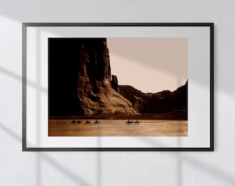 Timeless Navajo Heritage: Vintage Black & White Photography Print - Riders in Canyon De Chelly