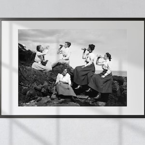Young Ladies Drinking Beer, Vintage Black & White Photography Print, Girls Drinking Wall Art, Funny Poster Home Gift