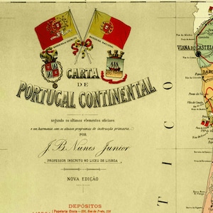 Puede incluir: Un mapa vintage de Portugal, titulado "Carta de Portugal Continental" con el texto "segundo os ultimos elementos oficiaes e em harmonia com os atuaes programas de instruc&ccedil;&atilde;o primaria" y "POR J. B. Nunes Junior PROFESSOR INSCRITO NO LICEU DE LISBOA NOVA EDI&Ccedil;&Atilde;O".