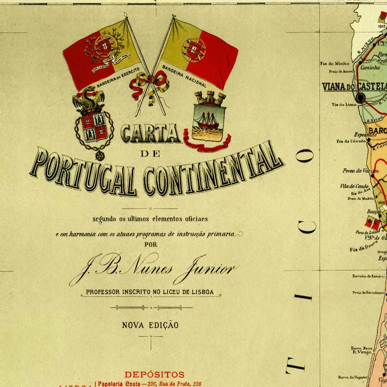Puede incluir: Un mapa vintage de Portugal, titulado "Carta de Portugal Continental" con el texto "segundo os ultimos elementos oficiaes e em harmonia com os atuaes programas de instruc&ccedil;&atilde;o primaria" y "POR J. B. Nunes Junior PROFESSOR INSCRITO NO LICEU DE LISBOA NOVA EDI&Ccedil;&Atilde;O".