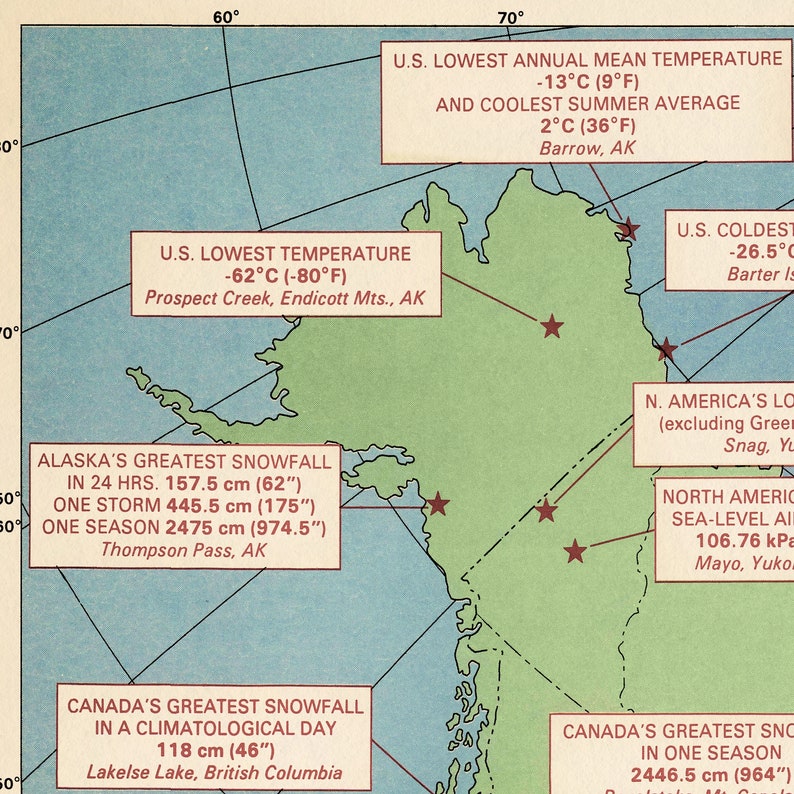 Retro Weather Map Vintage Weather Extremes Map of US & Canada: Meteorology Print - Etsy