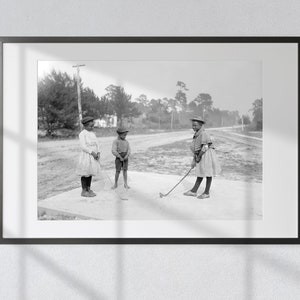 Vintage Black and White Print: African American Children Playing Golf