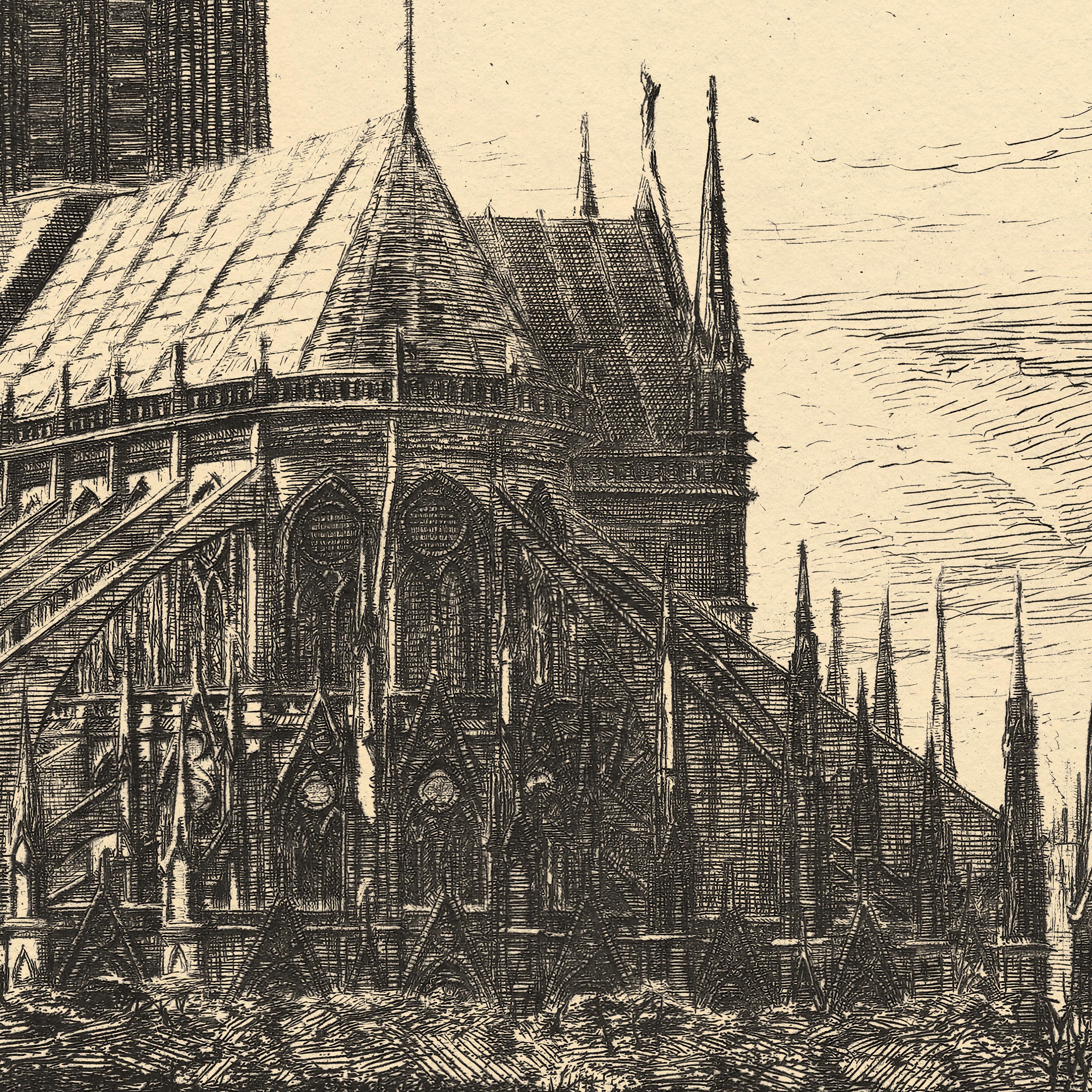 ノートルダム大聖堂のエッチングプリント：ヴィンテージのフランス大