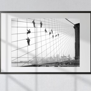 Brooklyn Bridge: Painting the Skyline - Vintage Black & White Photography Print Showing Painters on Suspender Cables