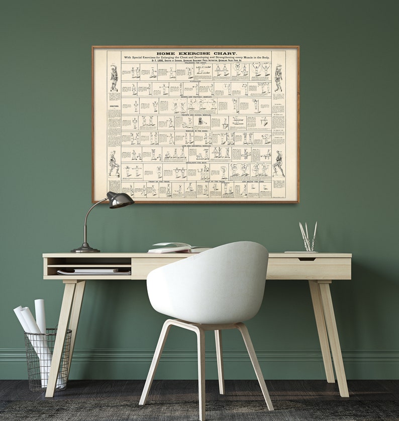 May include: A vintage home exercise chart poster with illustrations of different exercises for strengthening every muscle in the body. The poster is framed in wood and hangs on a green wall above a desk with a lamp and chair.
