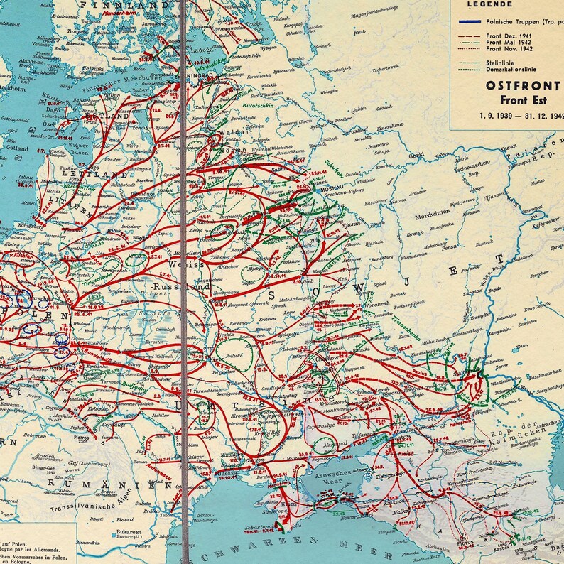 WW2: Europe Campaigns - Vintage Map Print, 1947 Large Military Wall Art ...