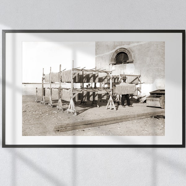 Traditional Sicilian Pasta: Vintage Black & White Print of Macaroni Drying at Termini in Sicily