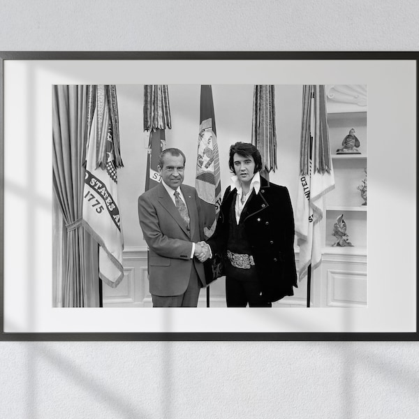 King and President: Elvis Presley and Richard M. Nixon at the White House - Vintage Black & White Photography Print