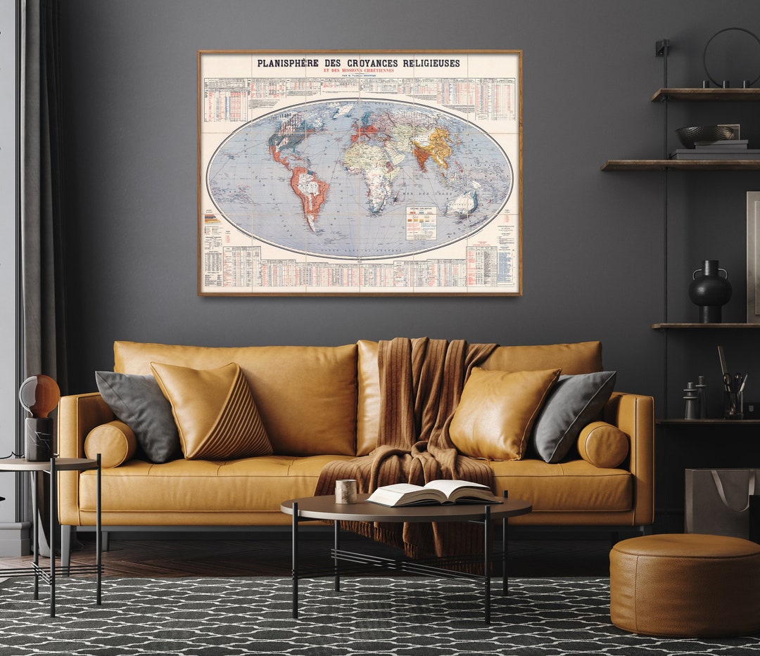 Vintage World Religions Map Print| Religion &amp; Beliefs Statistics Chart ...