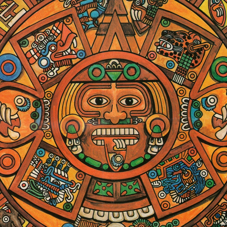 Aztec Sun Stone Calendar, Vintage Illustration Print, Mexica People Art ...