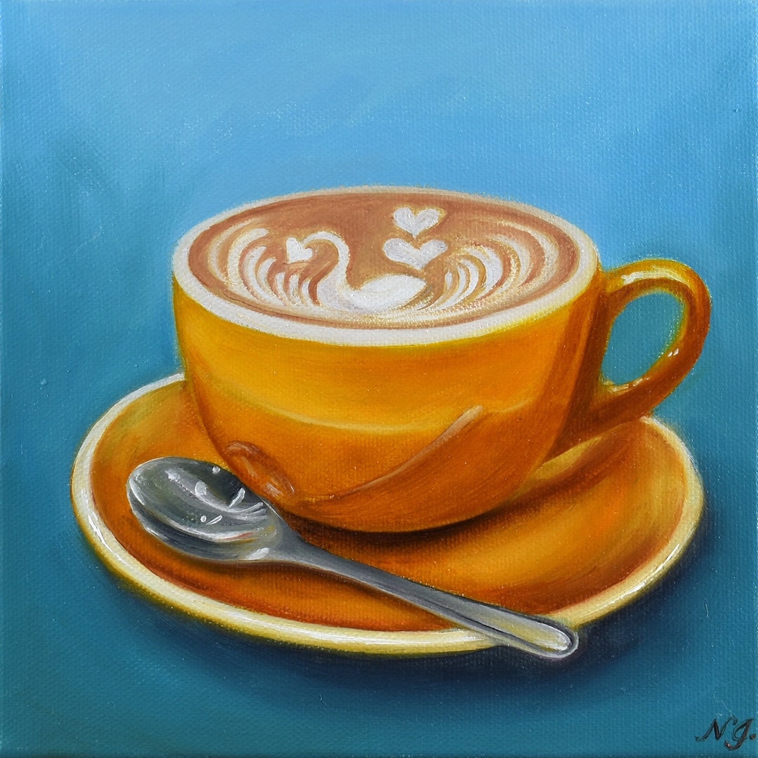 Yellow Cup Coffee Painting Latte Art Still Life Kitchen Etsy