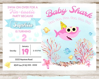 Pink Baby Shark Birthday Invitation - Printable or we can print!