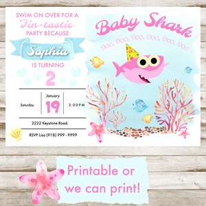 Pink Baby Shark Birthday Invitation - Printable or we can print!