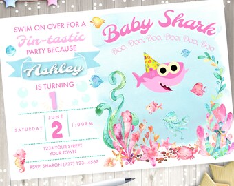 Pink Baby Shark Birthday Invitation - Printable or we can print!
