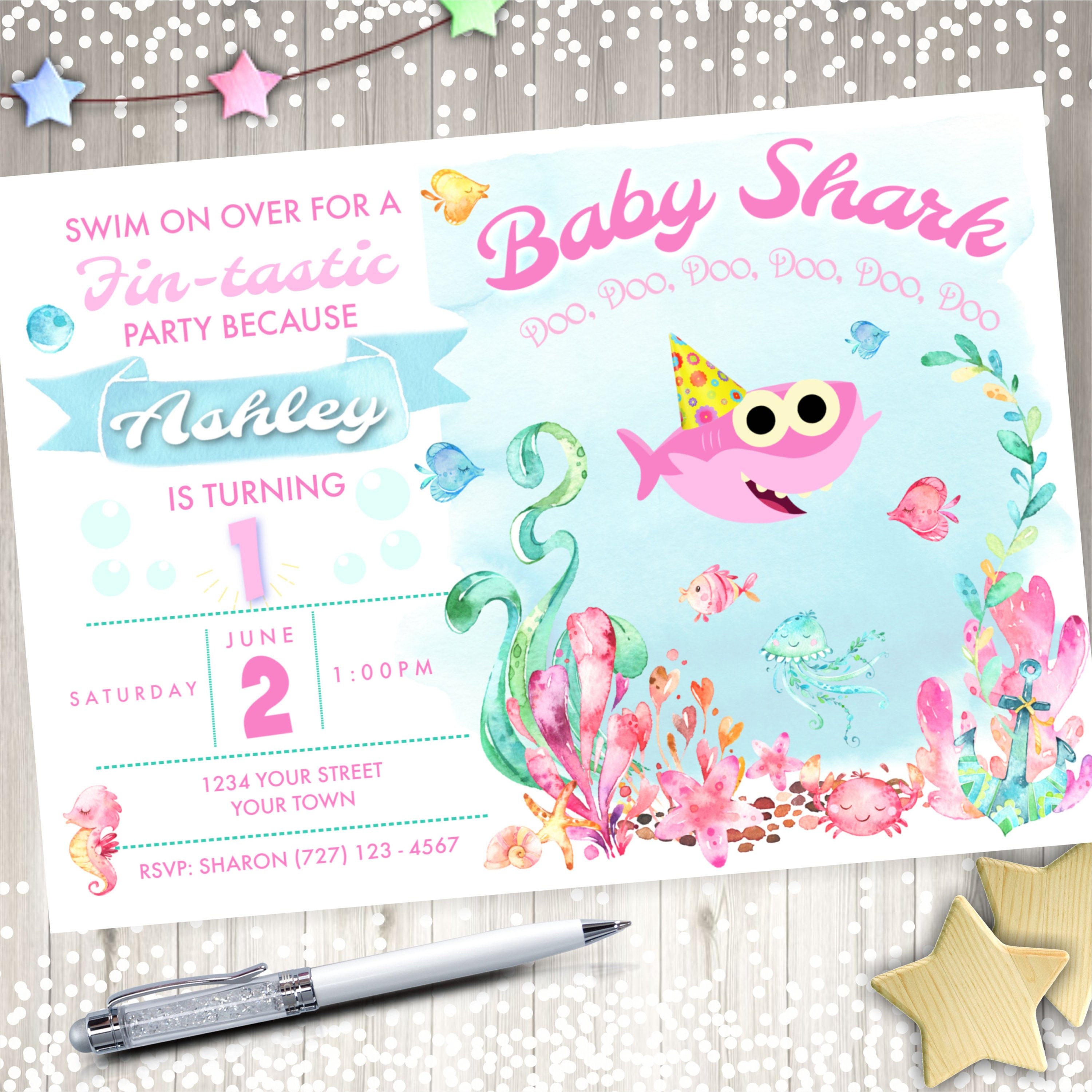 Pink Baby Shark Birthday Invitation Printable or we can | Etsy