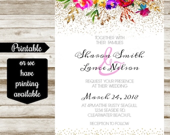 Gold Glitter Floral Wedding Invitation - Printable