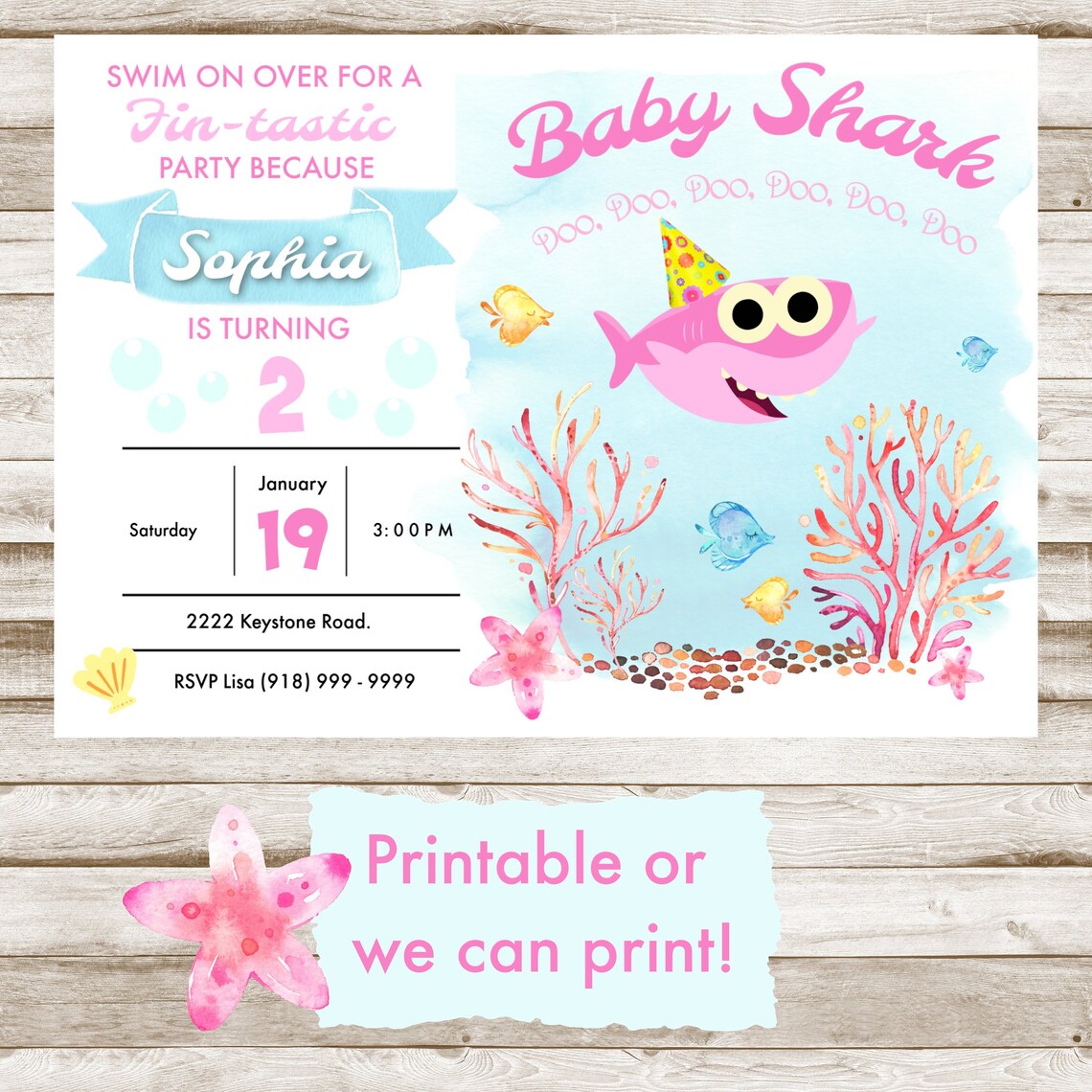 Pink Baby Shark Birthday Invitation Printable or We Can | Etsy