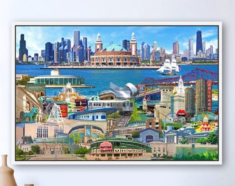 Chicago Landmarks Art: Wrigley Field, Navy Pier, Waterfront Skyline  (Framed/Unframed Print or Canvas)