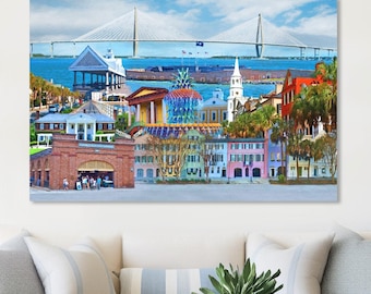 Charleston Montage Art Print: Rainbow Row, Pineapple Fountain (Framed/Unframed Prints/Canvas)