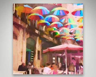 Rainbow Umbrellas, Umbrella Street Cafe Painting, Umbrellas Wall Art, Colorful Umbrella Painting, Square Framed/Unframed Canvas or Art Print