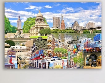 Austin Texas Landmarks Art Print: Congress Bridge, Paramount, Ritz (Framed/Unframed Prints or Canvas)