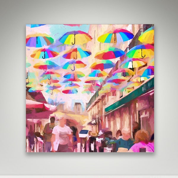 Rainbow Umbrellas II, Umbrella Street Cafe Painting, Umbrellas Wall Art, Colorful Umbrella Painting, Square Framed/Unframed Canvas/Art Print