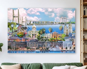 Savannah Georgia Art: City Landmarks, River Street, Forsyth Fountain (Framed/Unframed Prints or Canvas)