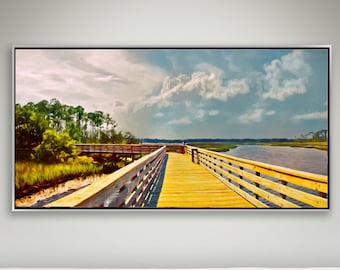 Pier Fisherman Panoramic, Sunset Water, Waterway Print, Marsh Dock Painting, Coastal Decor, Large Wall Art, Framed/Unframed Canvas/Prints