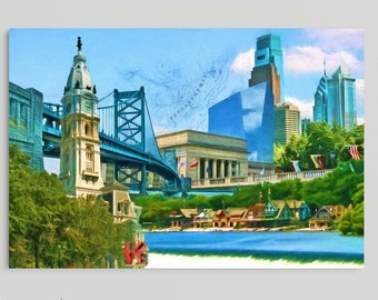 Philadelphia Landmarks, Philly Cityscape, City Hall, Ben Franklin Bridge, Boathouse Row, 30th Street Station, Framed/Unframed Canvas/Print