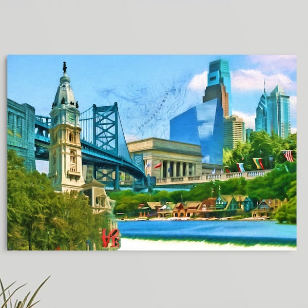 Philadelphia Landmarks, Philly Cityscape, City Hall, Ben Franklin Bridge, Boathouse Row, 30th Street Station, Framed/Unframed Canvas/Print