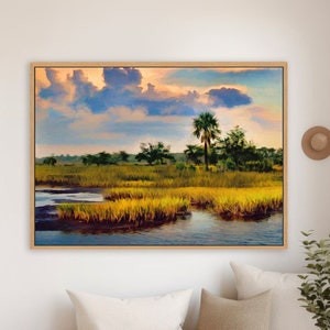 Blue Marsh Art Coastal Sunset, Marsh Landscape Painting, Coastal Art Print, Beach House, Beach Cottage Art, Framed/unframed Canvas or Print