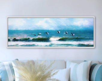 Pelican Progression Panoramic Canvas or Print: Modern Coastal Wall Art, Framed/Unframed Options