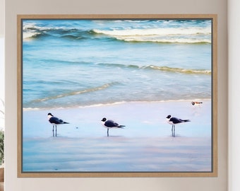 Seagulls and Sandpiper Painting, Shore Birds, Shoreline, Beach Wall Art, Coastal Decor, Pastel soft beach, Framed/Unframed print or canvas