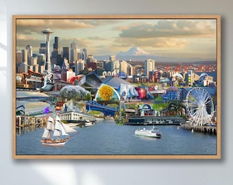 Seattle Skyline Art Print: Landmarks, Space Needle  (Framed/Unframed Print or Canvas)