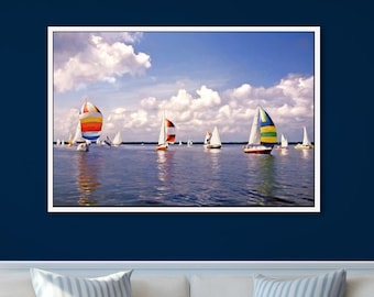 Sailboat Regatta Art Print: Coastal Nautical Wall Art, Framed/Unframed Prints/Canvas