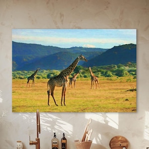 Giraffe Africa landscape art, Africa Wall Art, Masai giraffes, Giraffes, African Art, Wildlife Safari Art, Framed/Unframed Canvas or Print