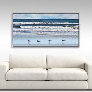 Seagulls on Beach Art Print: Modern Coastal Seascape, (Framed/Unframed Prints or Canvas)