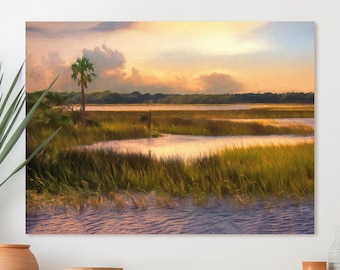 Coastal Marsh Sunset Art Print: Beach House Decor, Framed/Unframed