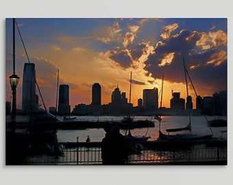 Sunset Hudson River Park, Battery Park City Esplanade, Harbor, Marina, Battery Park City, Jersey City Skyline, Framed/Unframed Canvas/Print