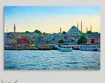 Istanbul Wall Art, Eminonu Waterfront, New Mosque, Istanbul Ferries, Harbor, Bosphorus,Istanbul Painting Framed/Unframed Canvas or Print