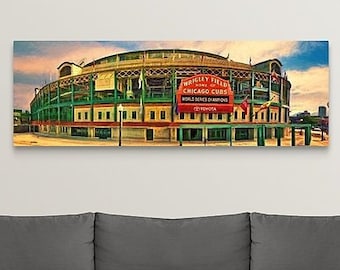 Wrigley Field Panoramic, Chicago Cubs, World Series,Wrigleyville, Man Cave, MLB Baseball, Ballpark, Guy Gift Framed/Unframed Canvas or Print