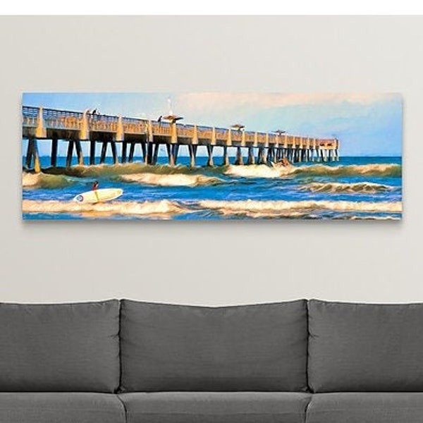 Surf Print, Surfing the Pier, Surfers Waves, Pier, Beach Decor, Large Panoramic Coastal Decor, Ocean, Beach, Framed/Unframed Canvas or Print