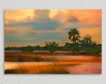 Sunset Painting, Large Art, Marsh landscape, Coastal Art Print, Beach House, Coastal Decor, Marsh Painting, Orange Art, Framed Canvas/Print