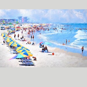Pu&ograve; includere: Un dipinto a olio di una spiaggia affollata con una lunga fila di ombrelloni a righe gialle e blu sulla sabbia bianca, dove numerose persone nuotano tra le onde blu dell'oceano e si rilassano sotto il sole in una giornata limpida.