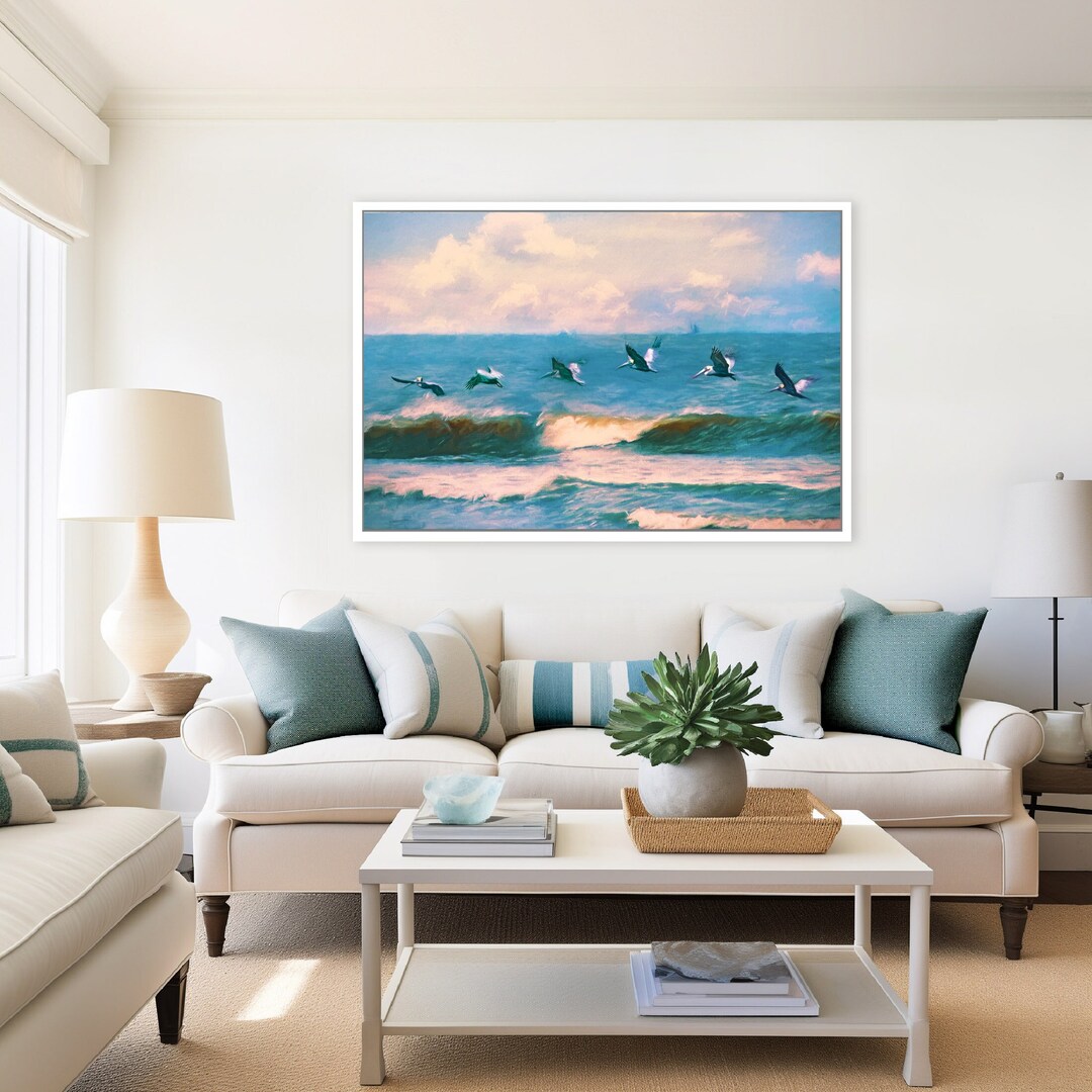 Pelicans Ocean Painting, Modern Coastal Art Decor, Beach House Art ...