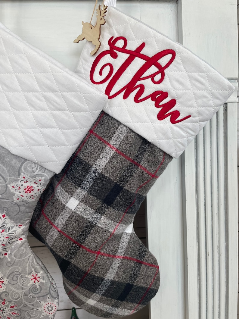 Plaid Stockings. Buffalo Plaid Stockings. Personalized Christmas Stockings. Gray Stockings. Christmas Stocking. Farmhouse Stockings. GrayWhtRed/Wht
